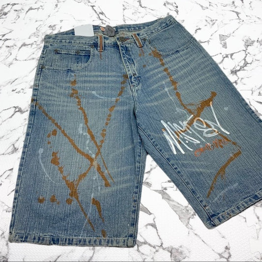 Men's Miskeen Mid Blue | White | Orange Hand Painted Casual Denim Shorts NWT