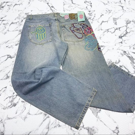 Men's Miskeen Streetwear Mid Blue Wide Leg Denim Pants NWT