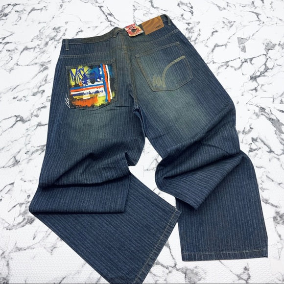 Men's Miskeen Streetwear Raw Blue Wide Leg Denim Pants NWT