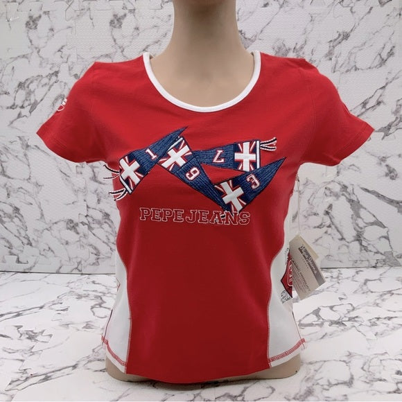 Women's Fashion Pepe Jeans Red | White British Flag Tee Shirt NWT