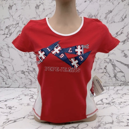 Women's Fashion Pepe Jeans Red | White British Flag Tee Shirt NWT