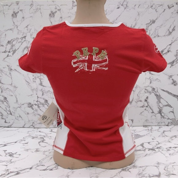 Women's Fashion Pepe Jeans Red | White British Flag Tee Shirt NWT