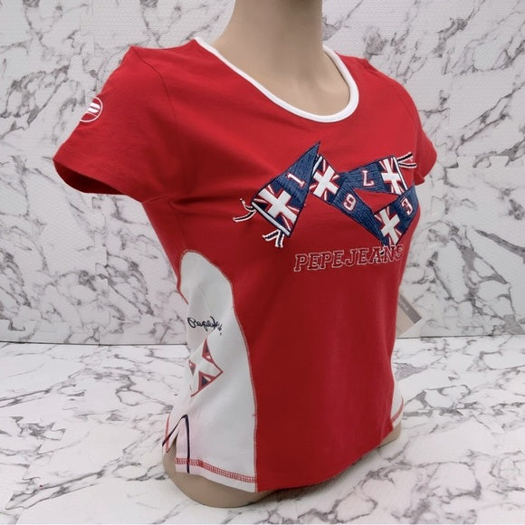 Women's Fashion Pepe Jeans Red | White British Flag Tee Shirt NWT