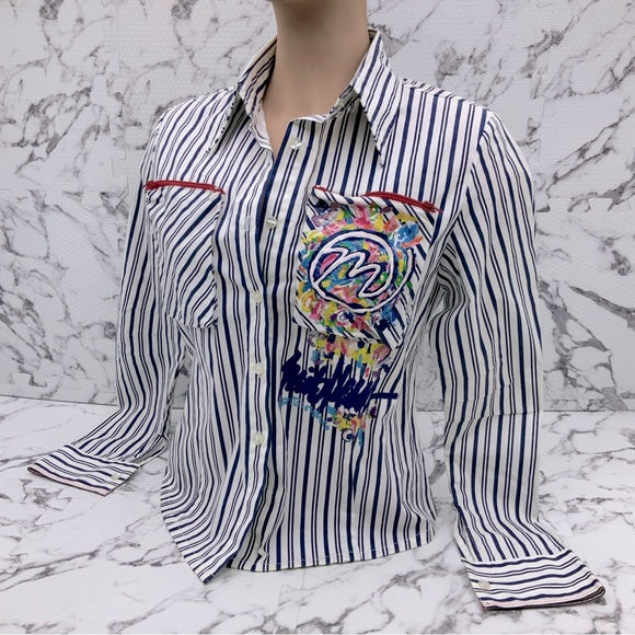 Women’s Miskeen Navy | White Striped Hand-Painted Button Down Shirts NWT