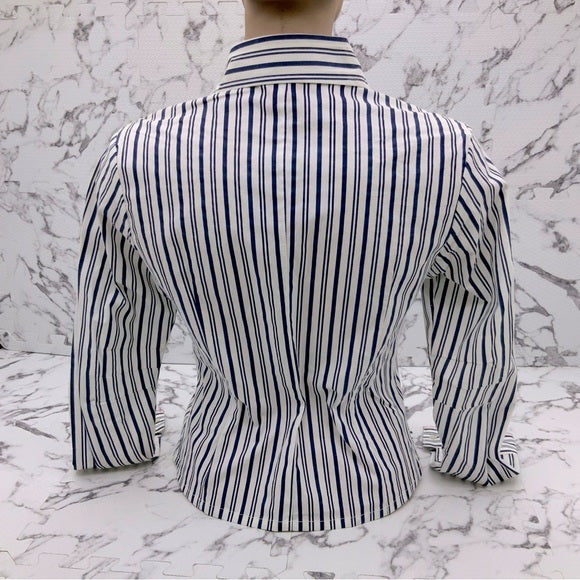 Women’s Miskeen Navy | White Striped Hand-Painted Button Down Shirts NWT