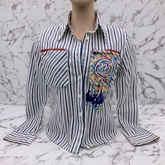 Women’s Miskeen Navy | White Striped Hand-Painted Button Down Shirts NWT