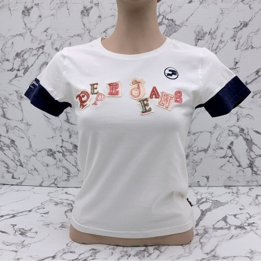 Women's Pepe Jeans White | Navy Signature Tee Shirt NWT