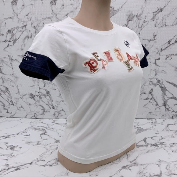 Women's Pepe Jeans White | Navy Signature Tee Shirt NWT