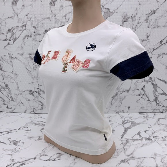 Women's Pepe Jeans White | Navy Signature Tee Shirt NWT