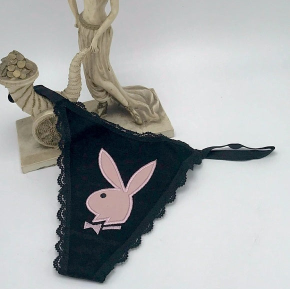 Women’s Playboy Black | Pink Suede G-String Panties NWT