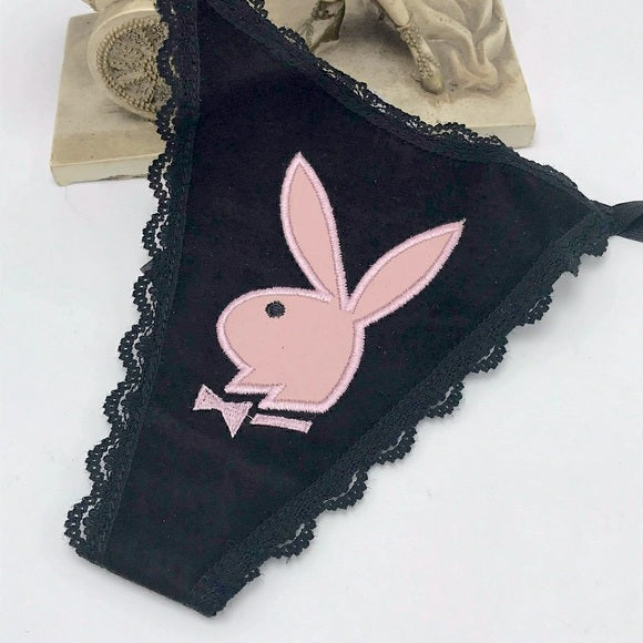 Women’s Playboy Black | Pink Suede G-String Panties NWT