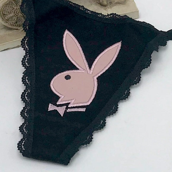 Women’s Playboy Black | Pink Suede G-String Panties NWT