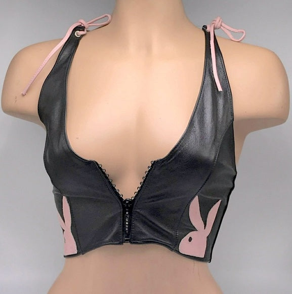 Women’s Playboy Black | Pink Genuine Leather Top NWT