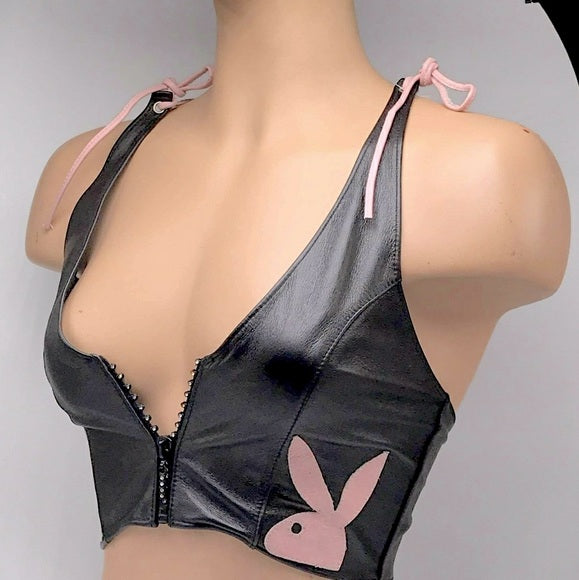 Women’s Playboy Black | Pink Genuine Leather Top NWT