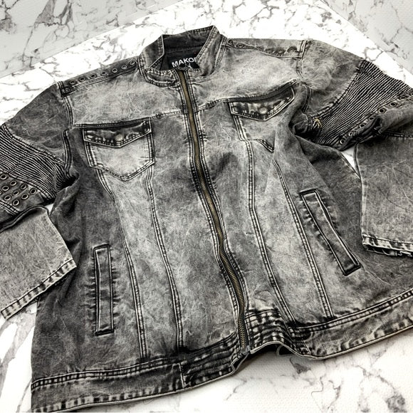 Men's Designer Black Washed Casual Studded Distressed Denim Jacket by Makobi NWT