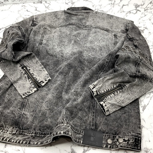 Men's Designer Black Washed Casual Studded Distressed Denim Jacket by Makobi NWT