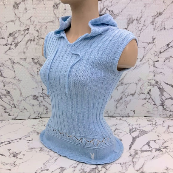 Women’s Playboy Sky Blue Sleeveless Hooded Knit Top NWT