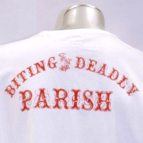 Men's Parish White "Biting can be Deadly" Short Sleeve Tee Shirt NWT