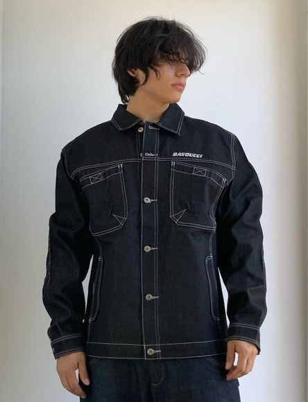 Men's Davoucci Black | Sky Blue Stitch Casual Denim Jacket NWT