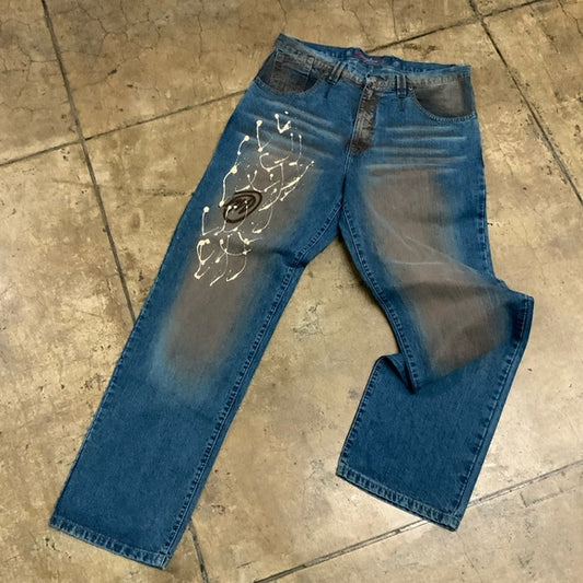 Men’s Miskeen Blue Hand Painted Denim Pants NWT