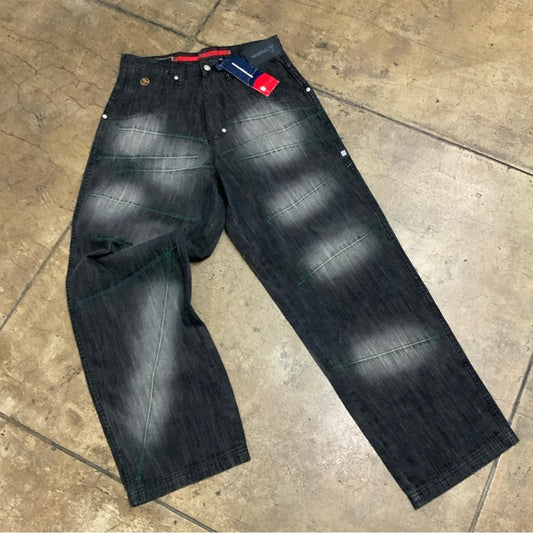 Men's Vokal Black | Sandblast | Green Stitching Denim Pants NWT