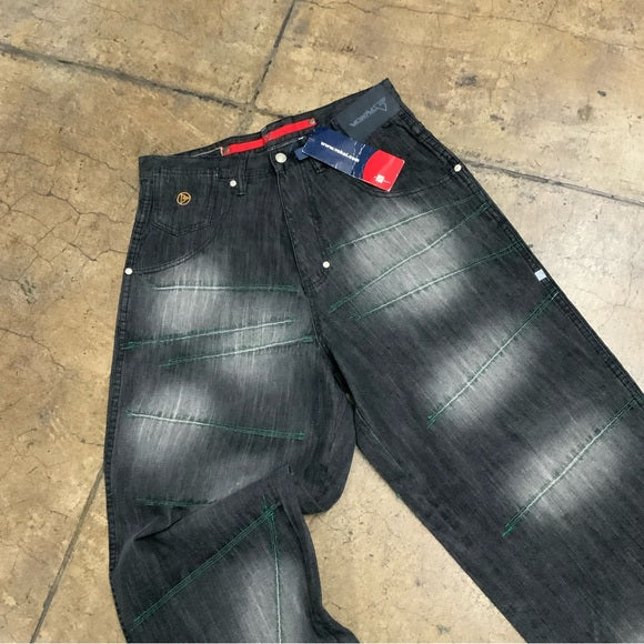 Men's Vokal Black | Sandblast | Green Stitching Denim Pants NWT