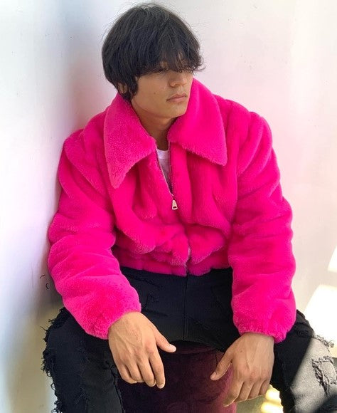 Men's Fashion Hot Pink Faux Fur Fuzzy Coat NWT