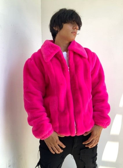 Men's Fashion Hot Pink Faux Fur Fuzzy Coat NWT