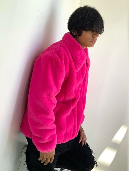 Men's Fashion Hot Pink Faux Fur Fuzzy Coat NWT