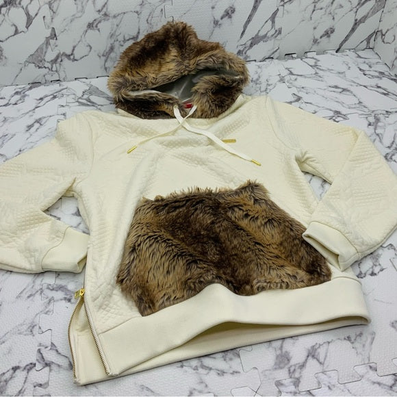 Men’s Makobi Ivory | Brown Faux Fur Quilted Pullover Hoodie NWT