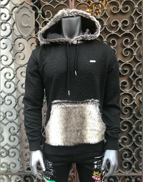 Men’s Makobi Black | Grey Faux Fur Quilted Pullover Hoodie NWT