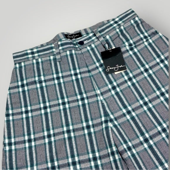 Men's Sean John Plaid Grey | Turquoise | White Casual Shorts NWT