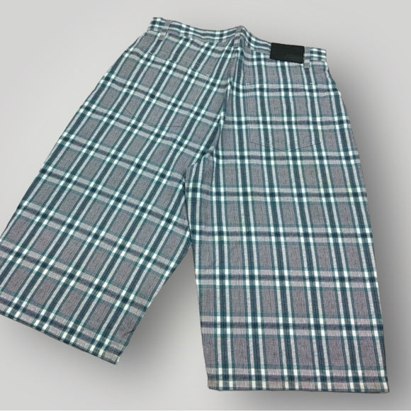 Men's Sean John Plaid Grey | Turquoise | White Casual Shorts NWT