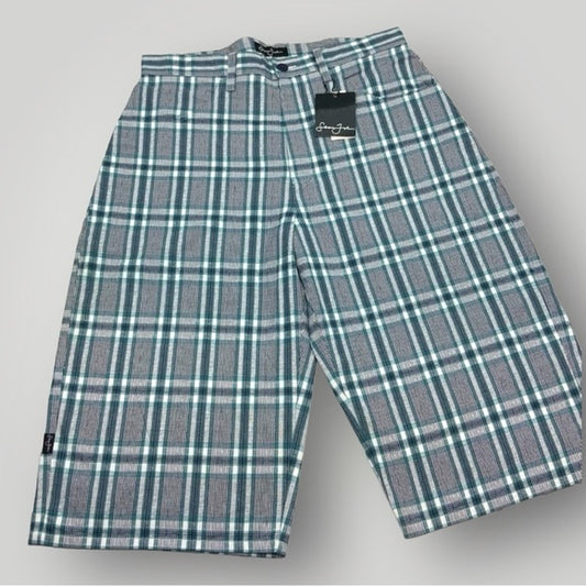 Men's Sean John Plaid Grey | Turquoise | White Casual Shorts NWT