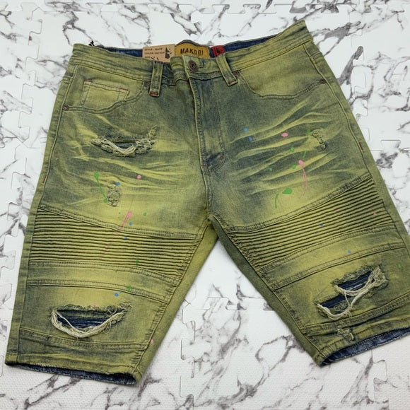 Men's Makobi Lime | White Distressed Ripped Denim Shorts NWT