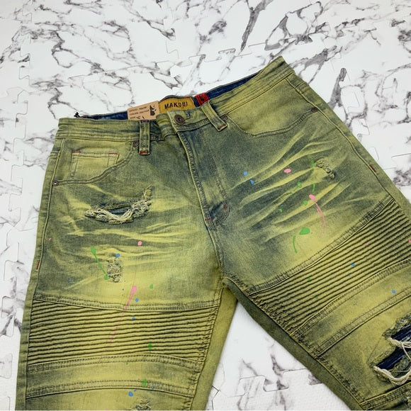 Men's Makobi Lime | White Distressed Ripped Denim Shorts NWT