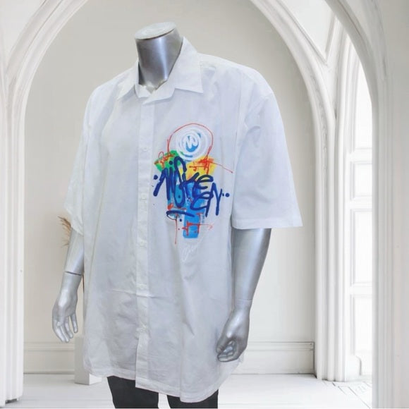 Men's Miskeen White | Blue Hand-Painted Casual Shirts NWT