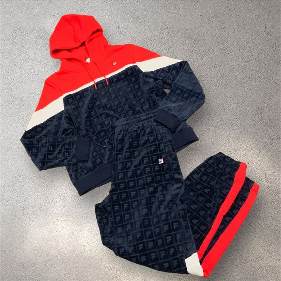 Women’s Fila Red Fleece Navy All Over Velour Fashion Tracksuit NWT