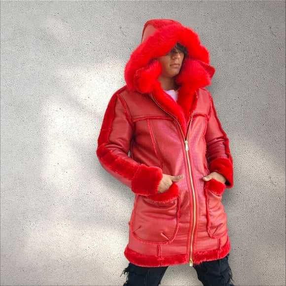 Men’s Manzini Red Crocodile Print Vegan Leather & Faux Fur Hooded Jacket NWT