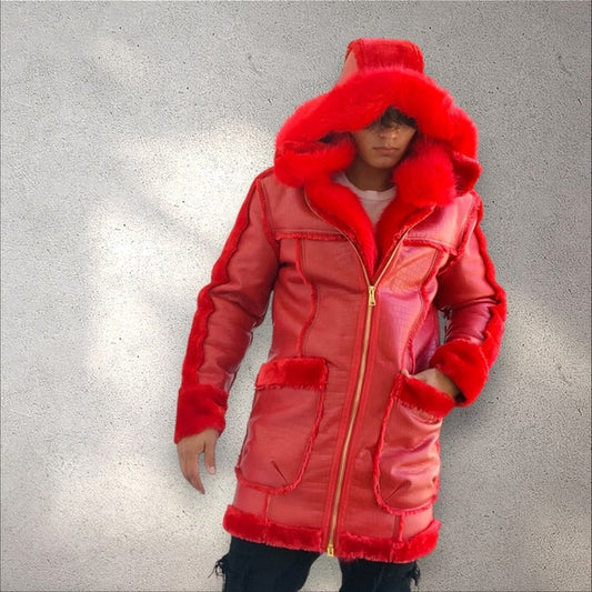 Men’s Manzini Red Crocodile Print Vegan Leather & Faux Fur Hooded Jacket NWT