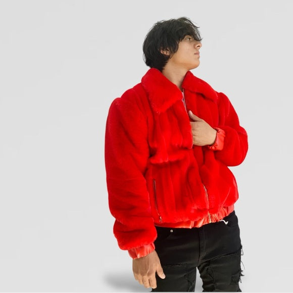 Men’s Manzini Faux Fur Red Fuzzy Casual Coat NWT
