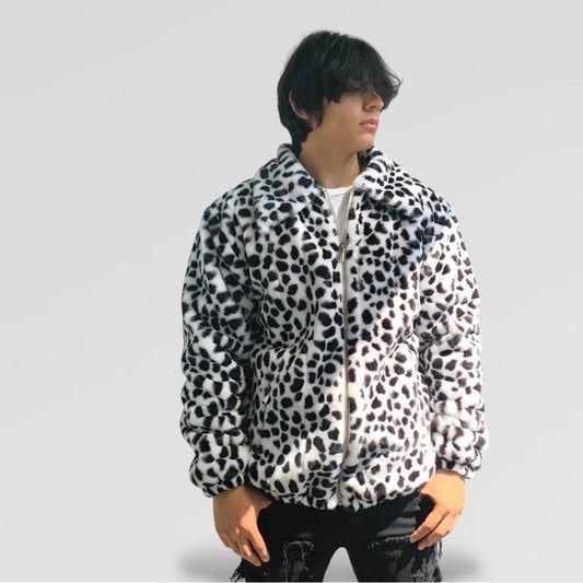 Men's Fashion White | Black Leopard Faux Fur Fuzzy Coat NWT