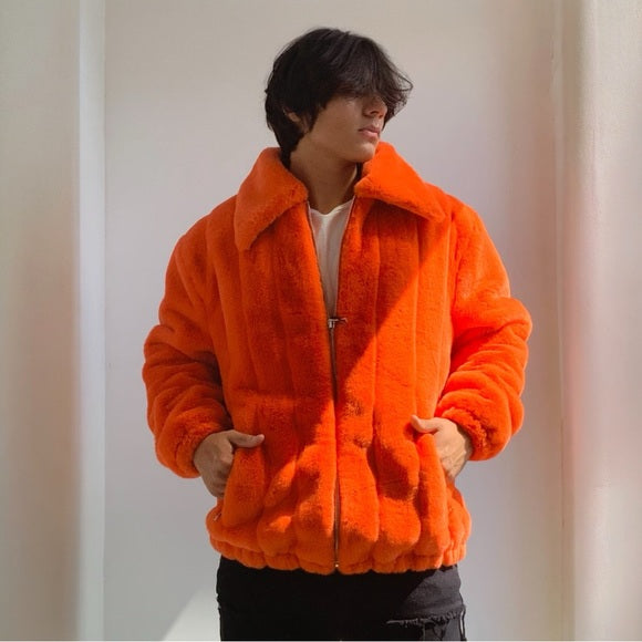 Men's Fashion Orange Faux Fur Fuzzy Coat NWT