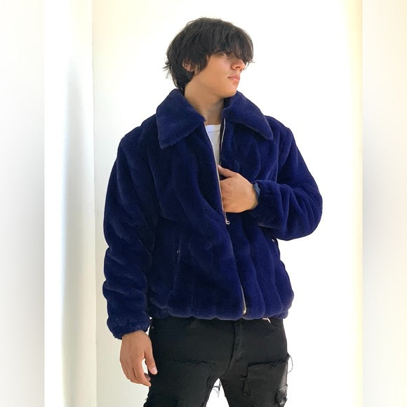 Men's Fashion Navy Faux Fur Fuzzy Coat NWT