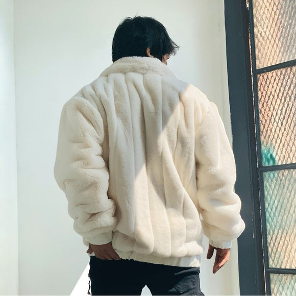 Men's Fashion Ivory Faux Fur Fuzzy Jacket NWT