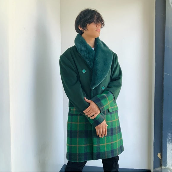 Men's Fashion Solid Green | Plaid Faux Fur Overcoat NWT