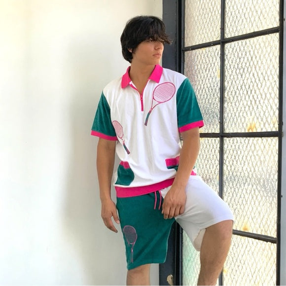 Men’s Fila Tennis Terry Cloth White | Green | Hot Pink Short Set NWT