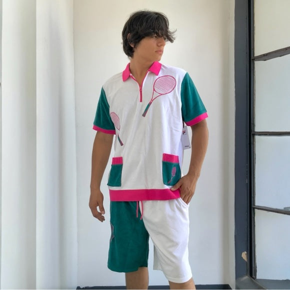 Men’s Fila Tennis Terry Cloth White | Green | Hot Pink Short Set NWT