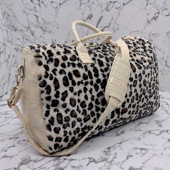 Men's Manzini Cream | Animal Print Faux Fur Large Duffle Bag NWT