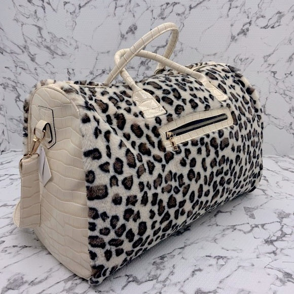 Men's Manzini Cream | Animal Print Faux Fur Large Duffle Bag NWT